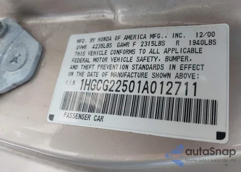 2001 Honda Accord 3.0 Ex из США, поврежденный, VIN 1HGCG22501A012711